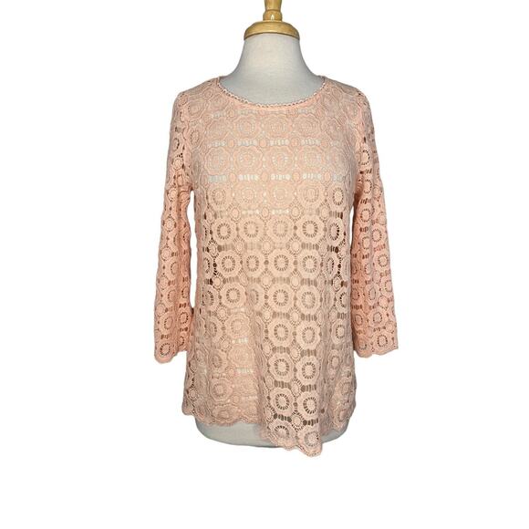 RAFELLA Peach Crochet Wide Sleeve Blouse Size Small Womens Boho Lace Pink Sheer - Picture 1 of 9